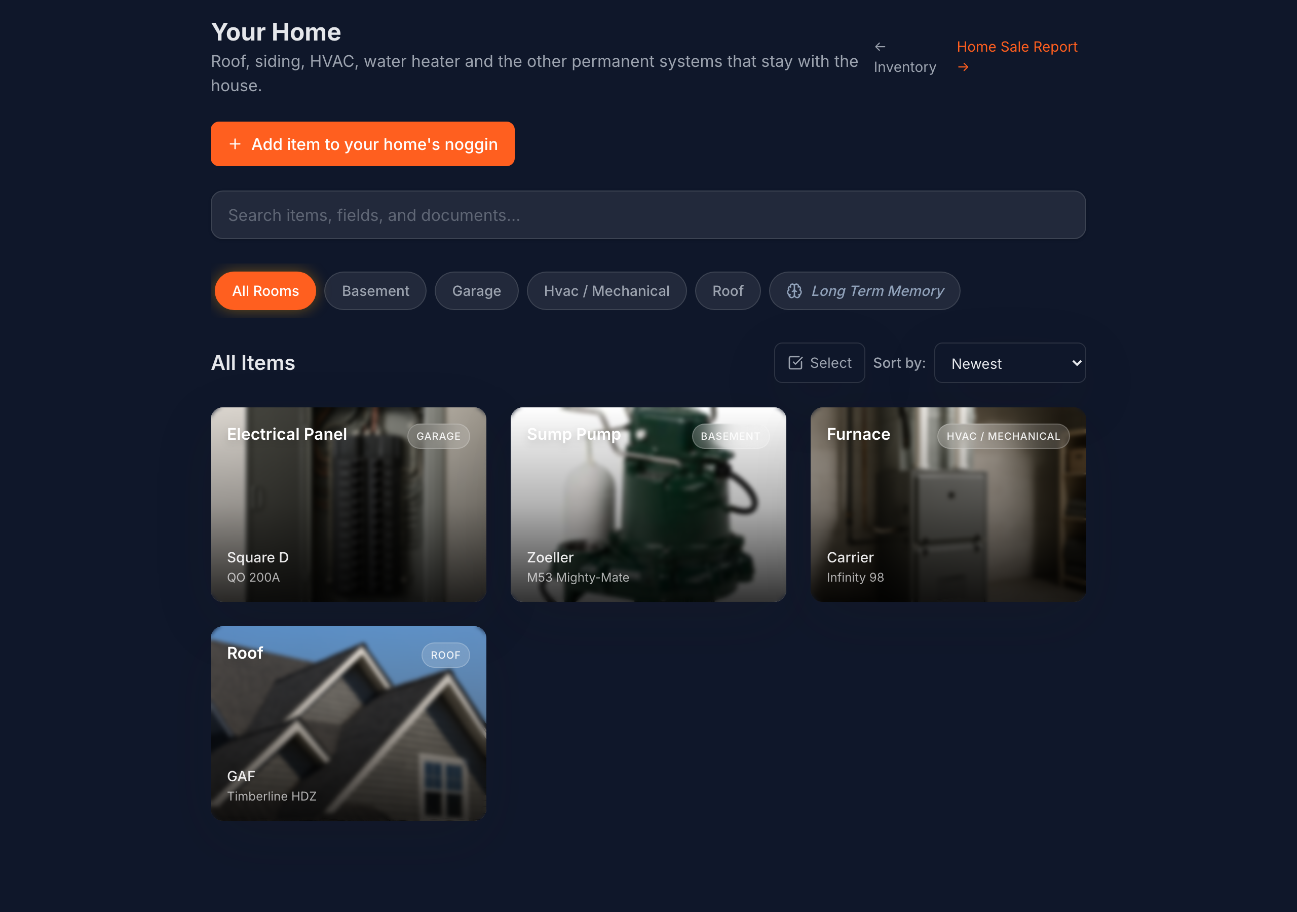 The Home Systems view in HomeNog showing the electrical panel, sump pump, furnace and roof