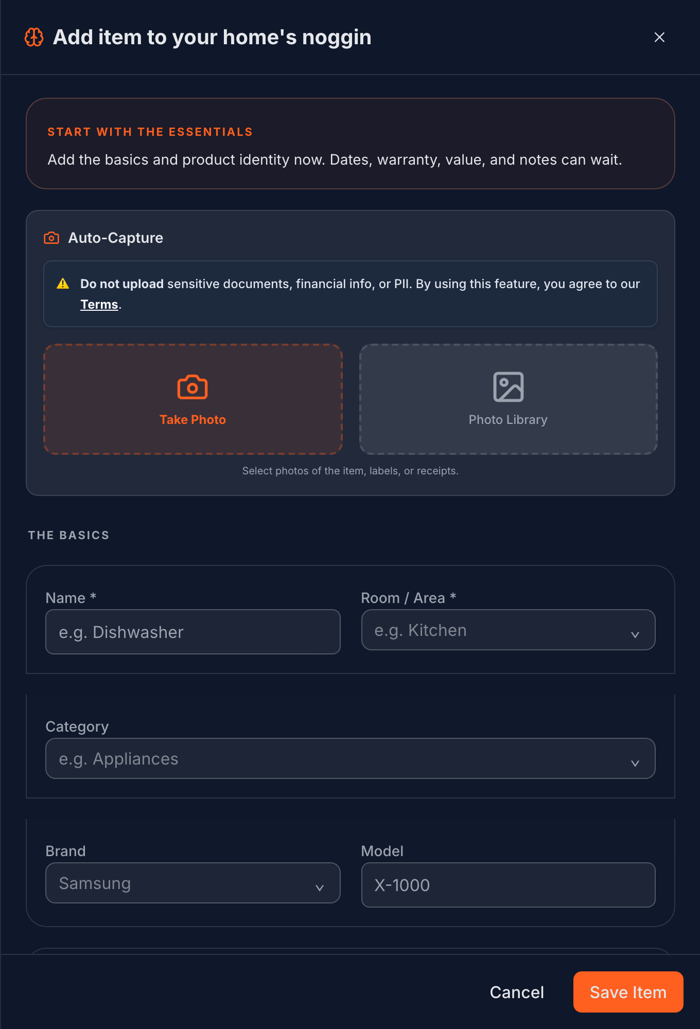 Adding an item in HomeNog, with auto-capture and the essential fields